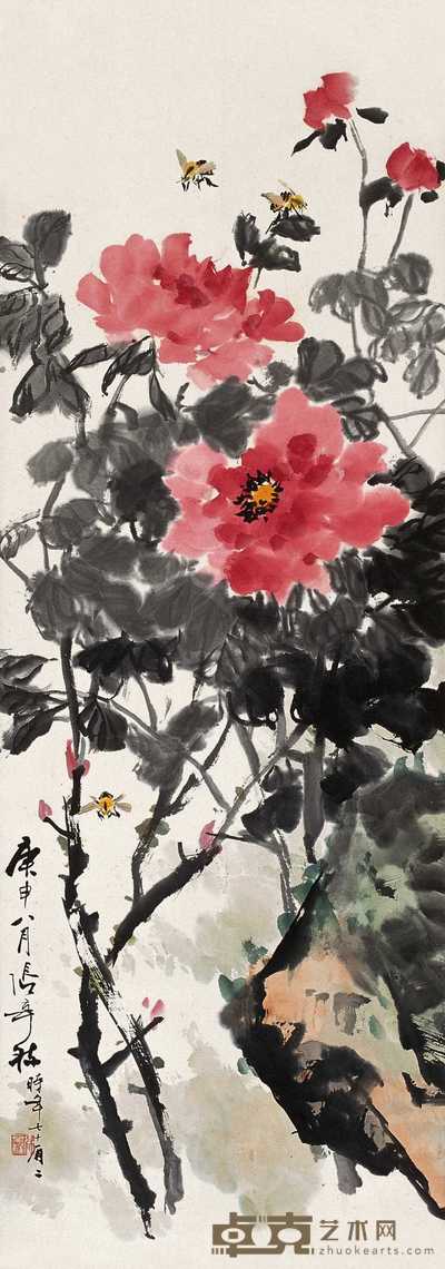 张辛稼 1980年作 花虫图 立轴 97×34cm